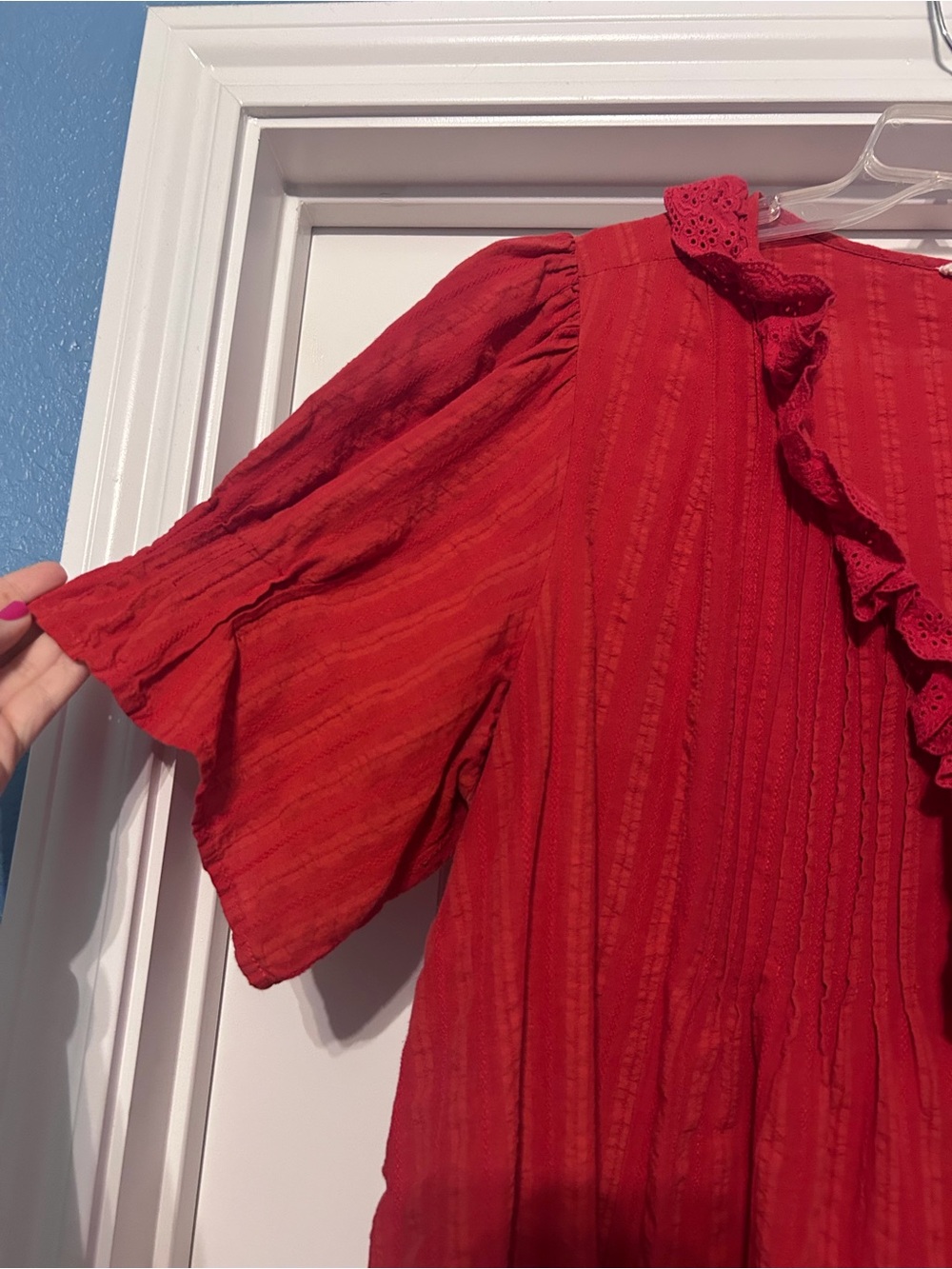 Red Ruffle-Front Women's Button-Up Top - Picture 3 of 5